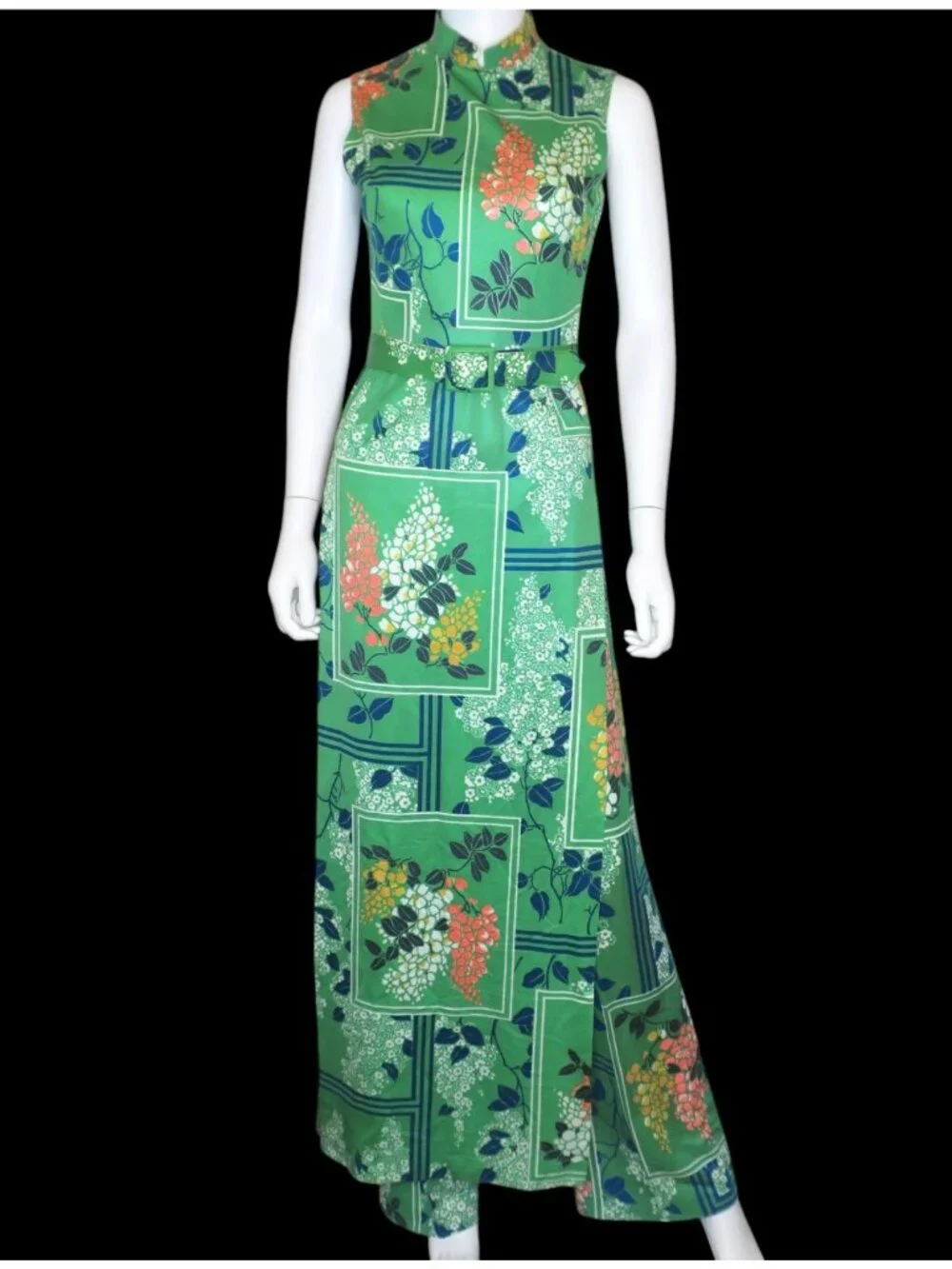 Vintage 70s George Gerring 2 Pc Maxi Dress & Pants Set Asian Mandarin Collar
